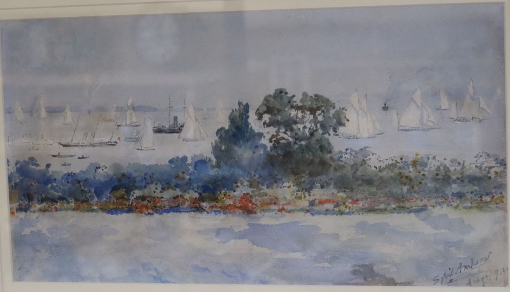 Sybil Amherst (fl.1880-1891), watercolour, Off Cowes, signed and dated 190..., 23 x 43cm